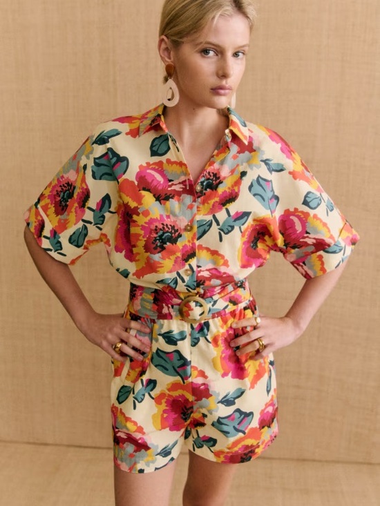 Sezane Pants - Sz 40 / 8 Sezane x Momonì Joan Jumpsuit romper shorts floral short sleeve pocket